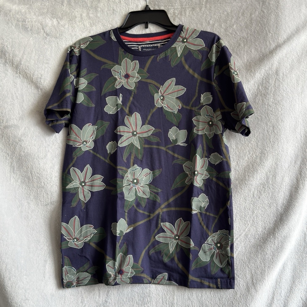 Denim & Flower Ricky Singh Men's Floral T-Shirt Size Medium Navy Blue preppy